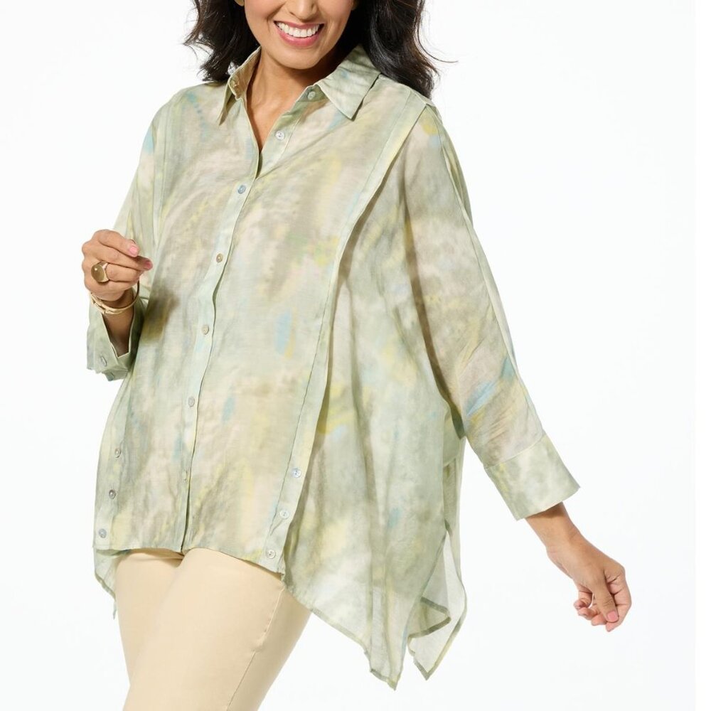 Wynne Layers Printed Voile Buttoned Shirt Size 1X Rayon Chartreuse Olive Combo